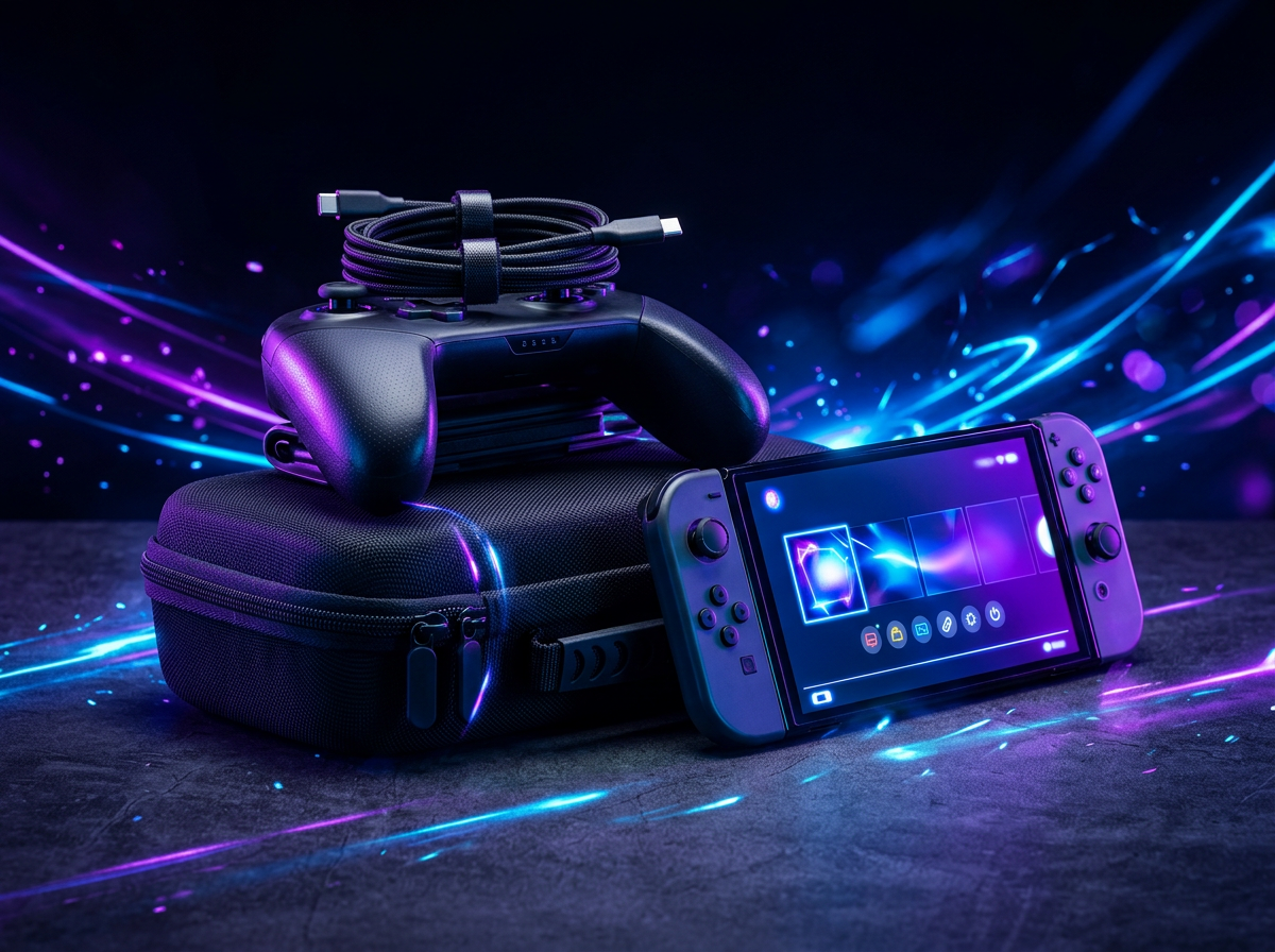 Handheld console and accessories lit with electric-blue and violet light