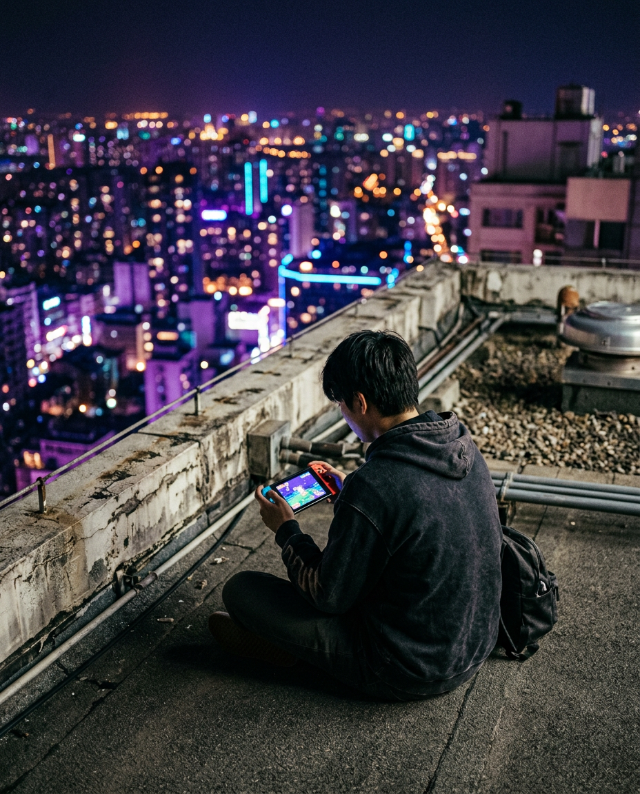 Gamer playing a handheld console on a city rooftop at night