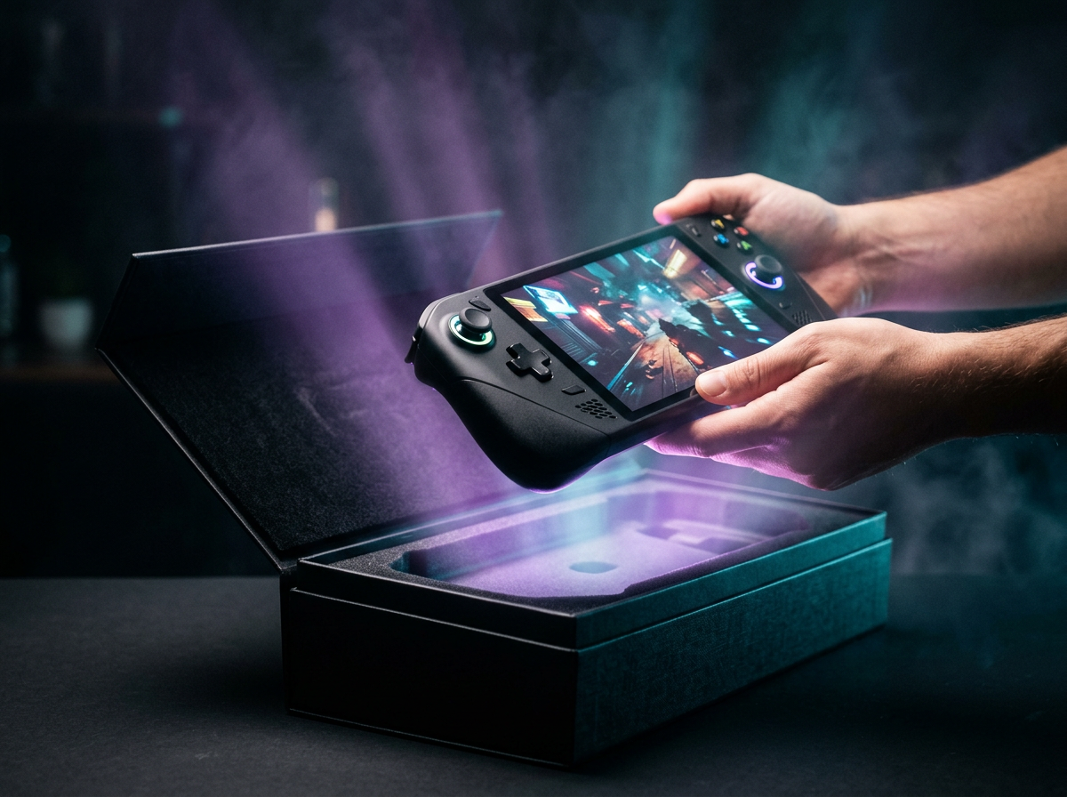 New handheld console emerging from a glowing premium box
