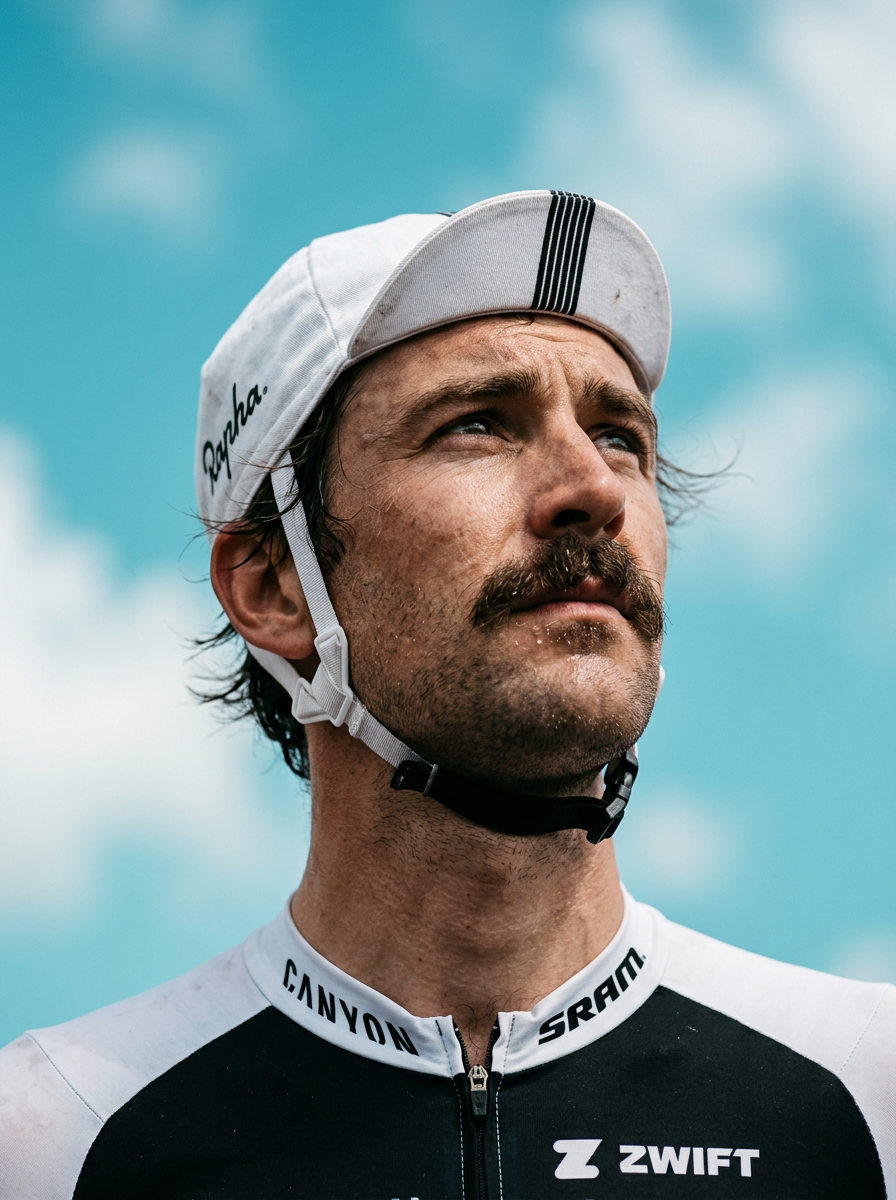 Cyclist in a white cap looking up at the sky