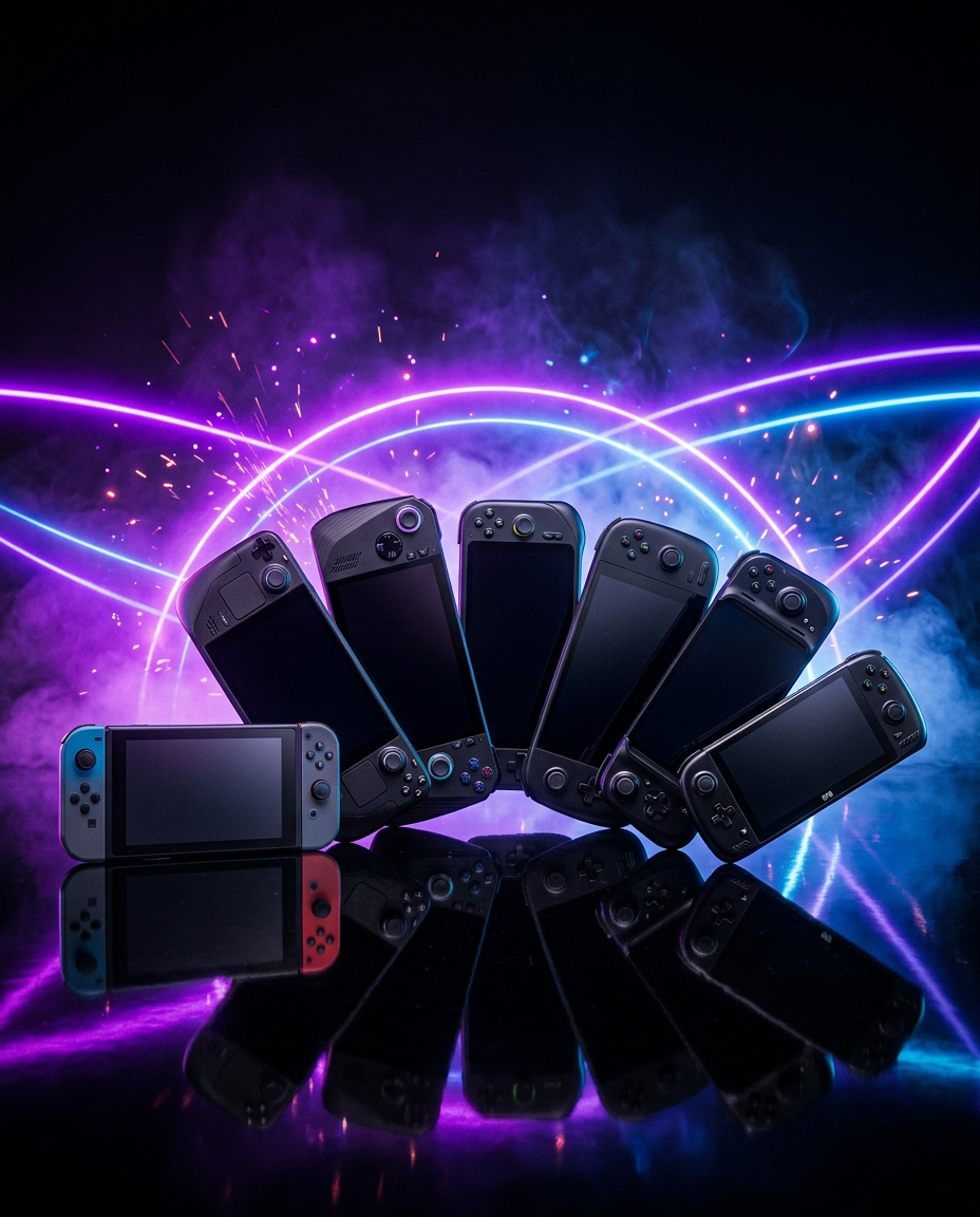 Several handheld consoles fanned out in front of a violet and blue neon glow