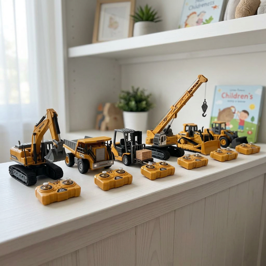 The full set of mini RC construction vehicles lined up on a bedroom shelf