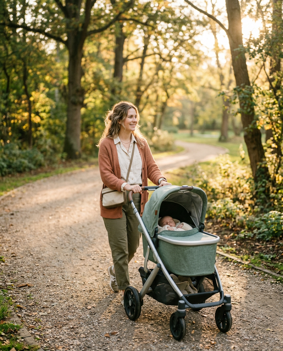 Junge Mutter schiebt einen salbeigrünen Kinderwagen im Morgenlicht durch einen Park