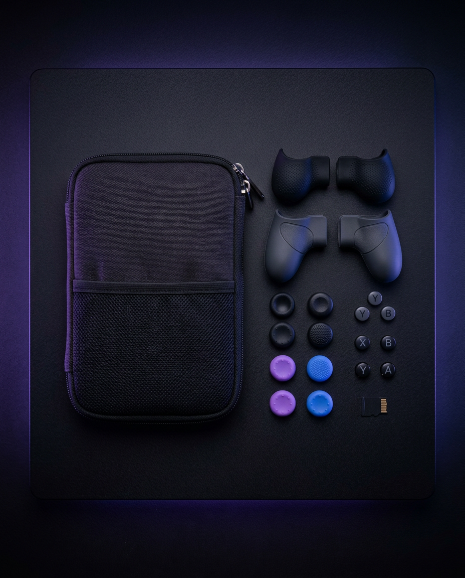 Flat lay of handheld accessories: grips, thumbstick caps, buttons and a carry pouch