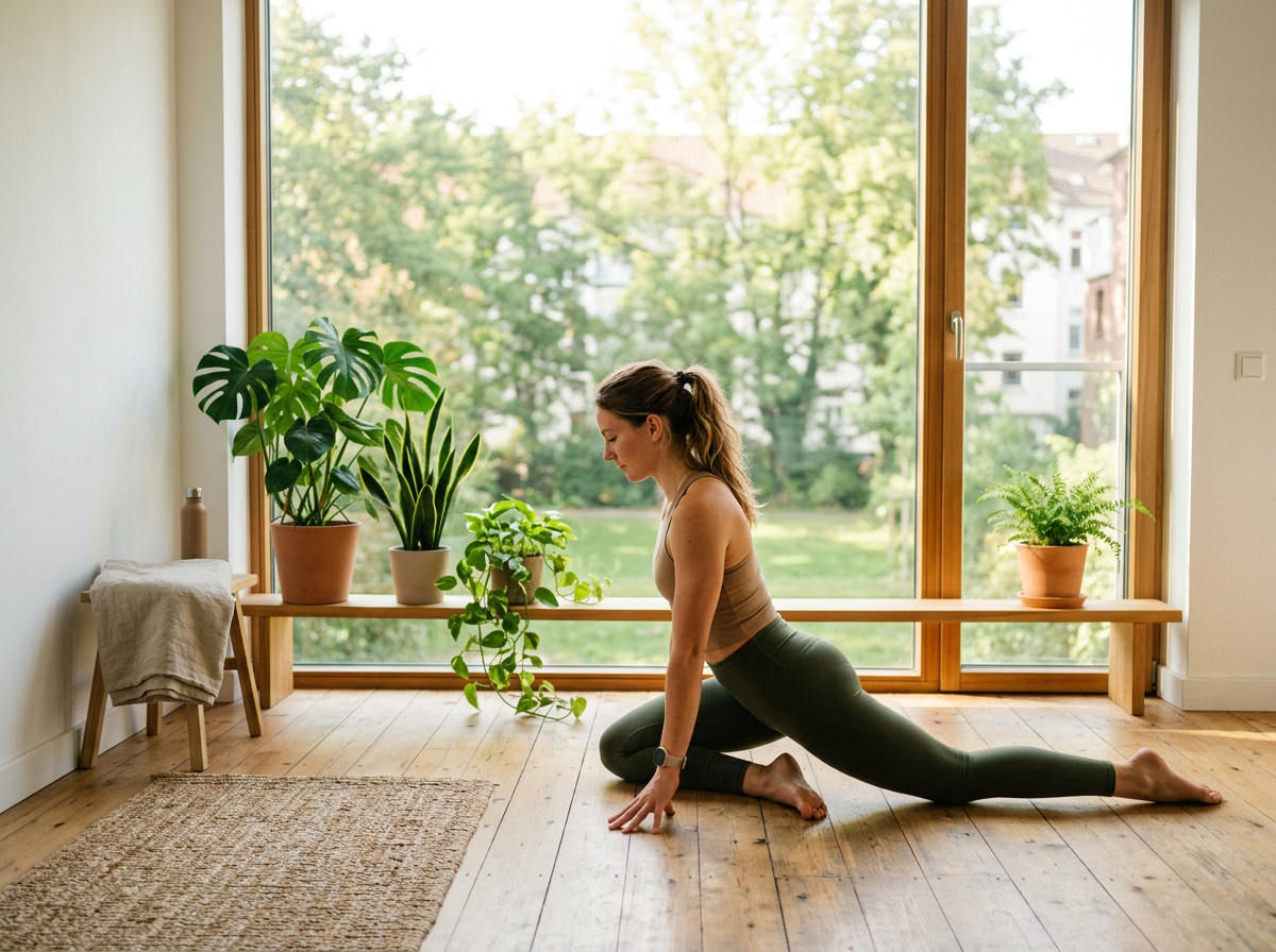 Athlete stretching by a sunlit window in the morning