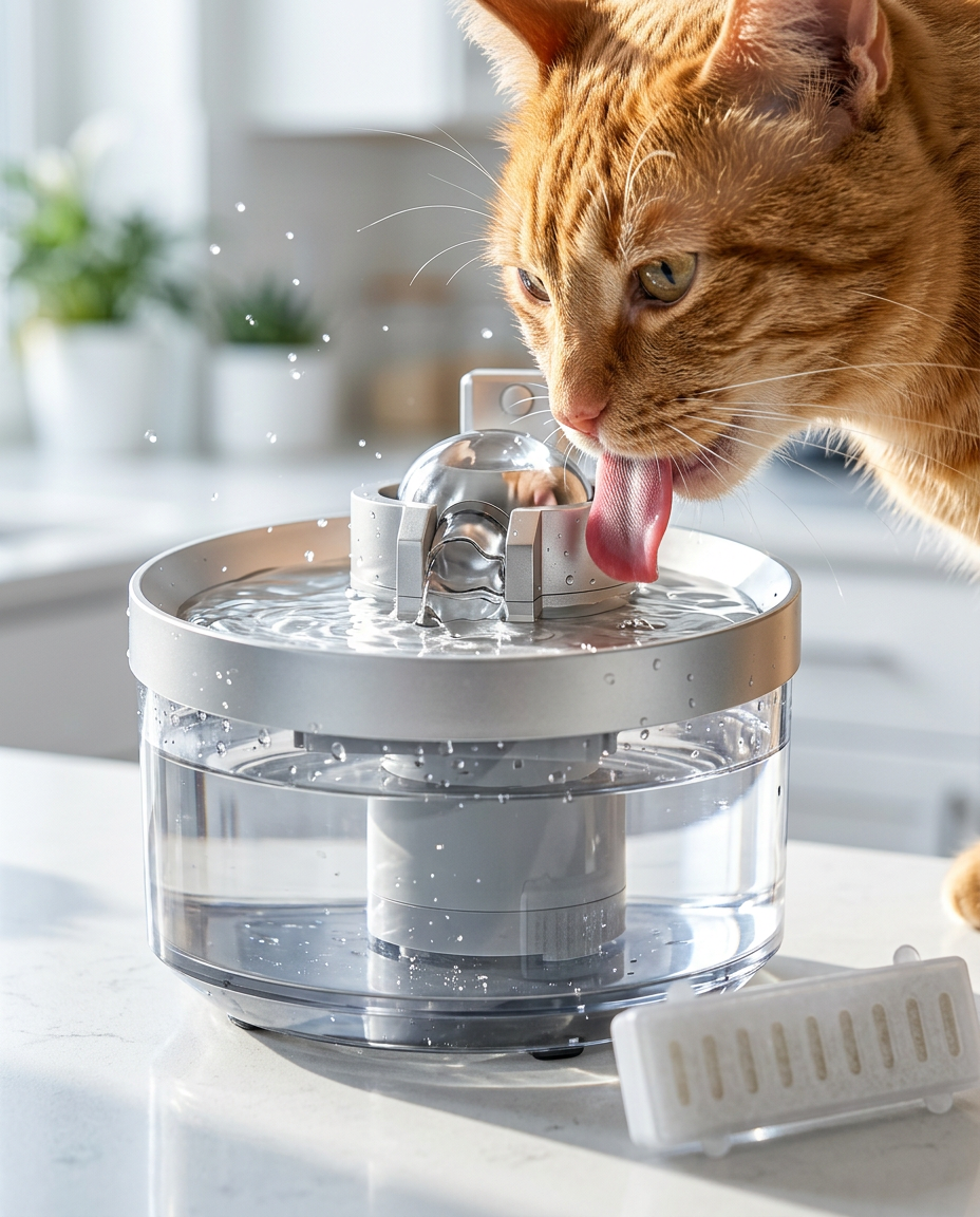Close-up of an orange cat lapping filtered, flowing water from the Meowsy fountain on a white kitchen counter