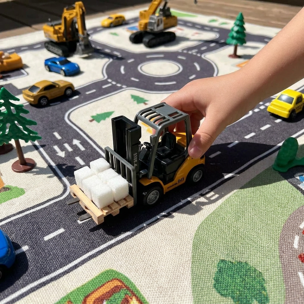 Child steering the mini RC forklift carrying a pallet of sugar cubes across a play mat