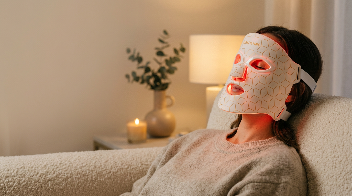 Woman relaxing on a cream sofa at dusk wearing the glowing Opalienne LED mask
