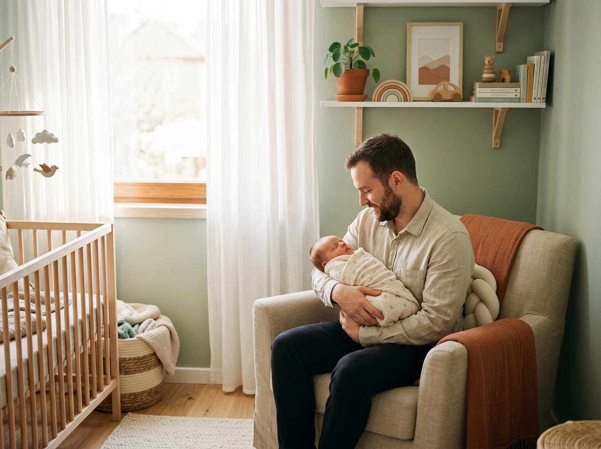 Vater hält sein schlafendes Neugeborenes in einem hellen, gemütlichen Kinderzimmer