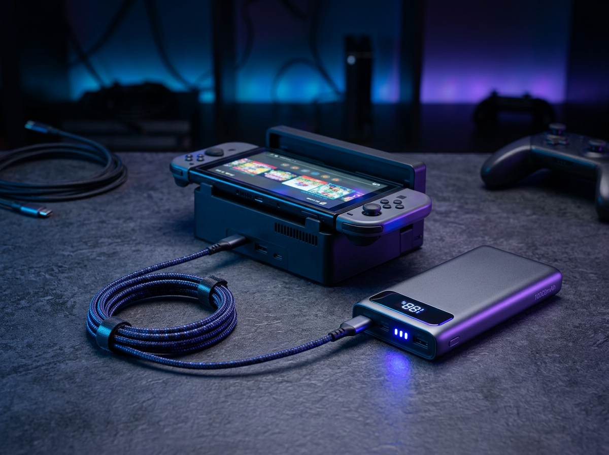 Docking station, braided cable and power bank with glowing lights