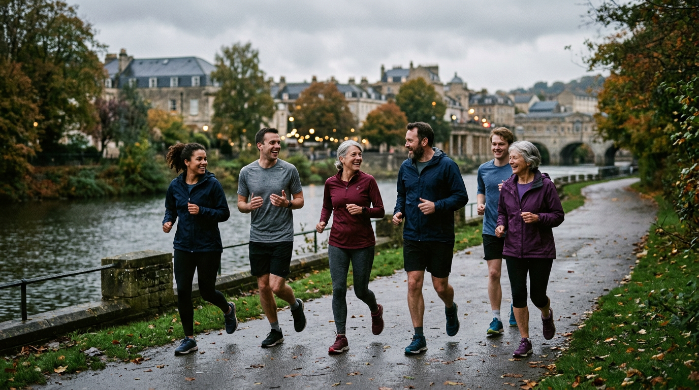 A group of club runners chatting as they jog together along a riverside path