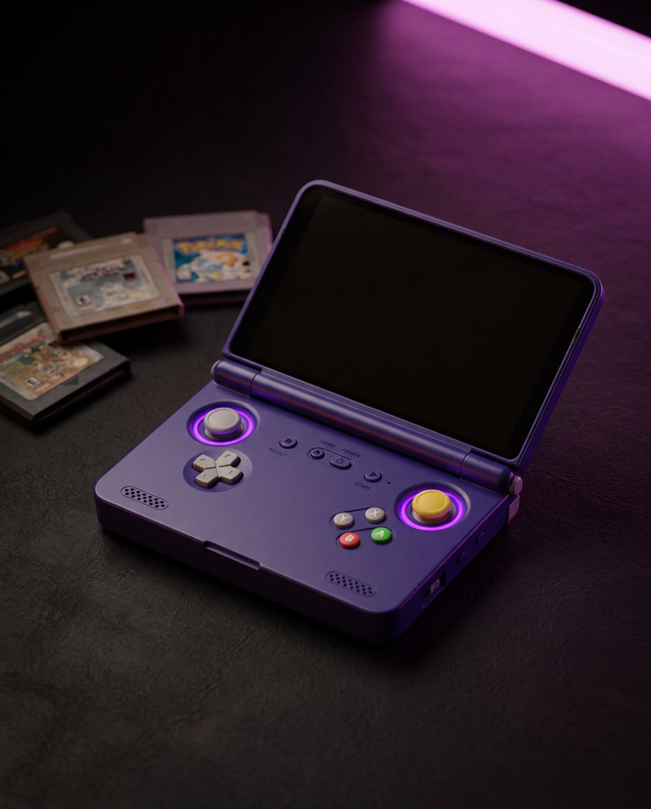 Retro clamshell handheld beside vintage game cartridges in purple light