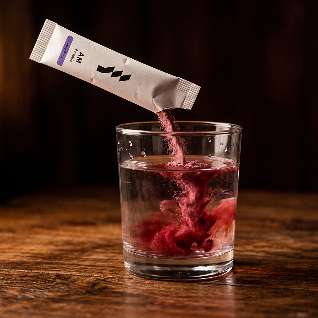 ONYU stick pack being poured into a glass of water