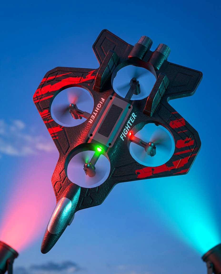 The stunt jet mid 360-degree flip against a deep blue evening sky with its LEDs glowing