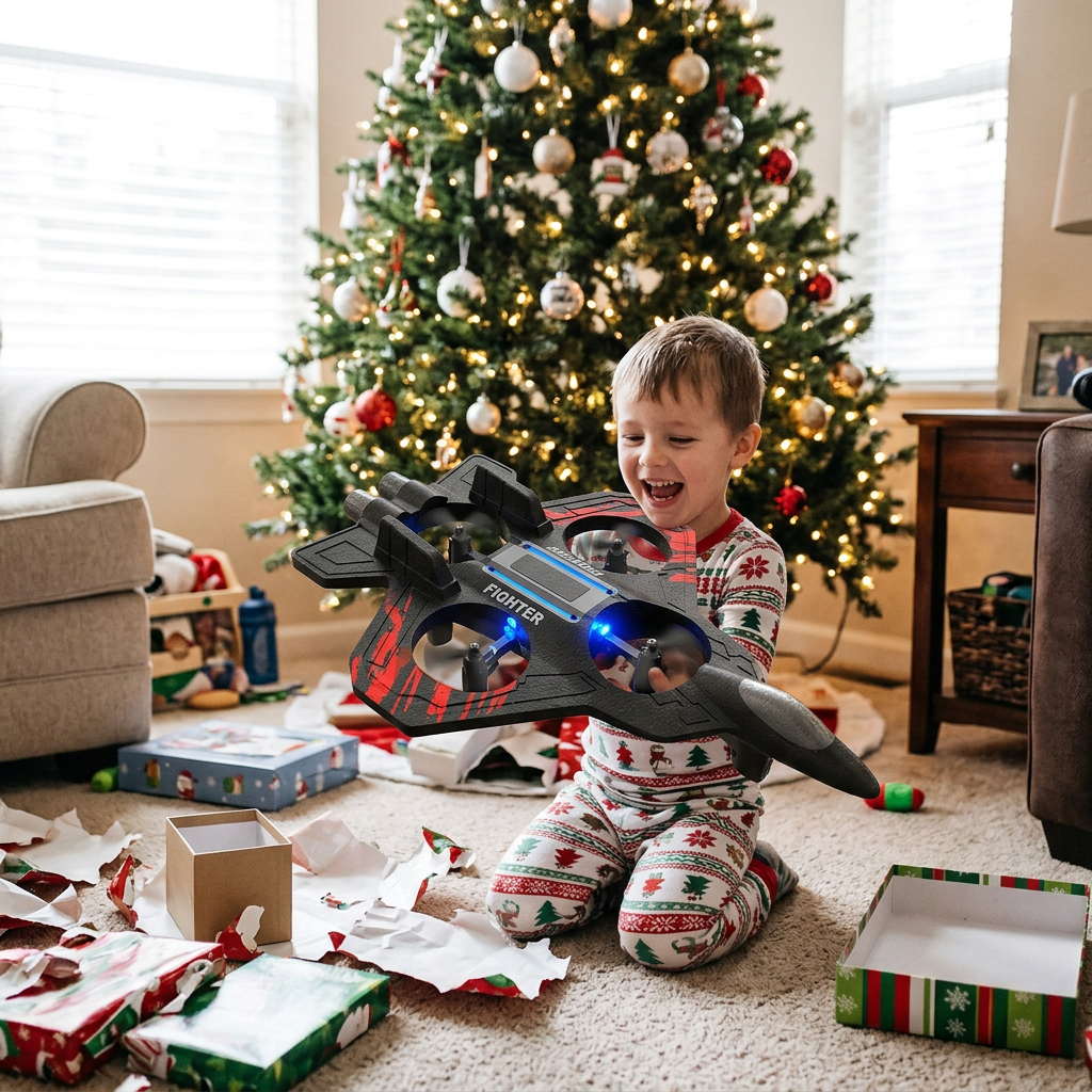 Excited child unwrapping the blue stunt jet on Christmas morning
