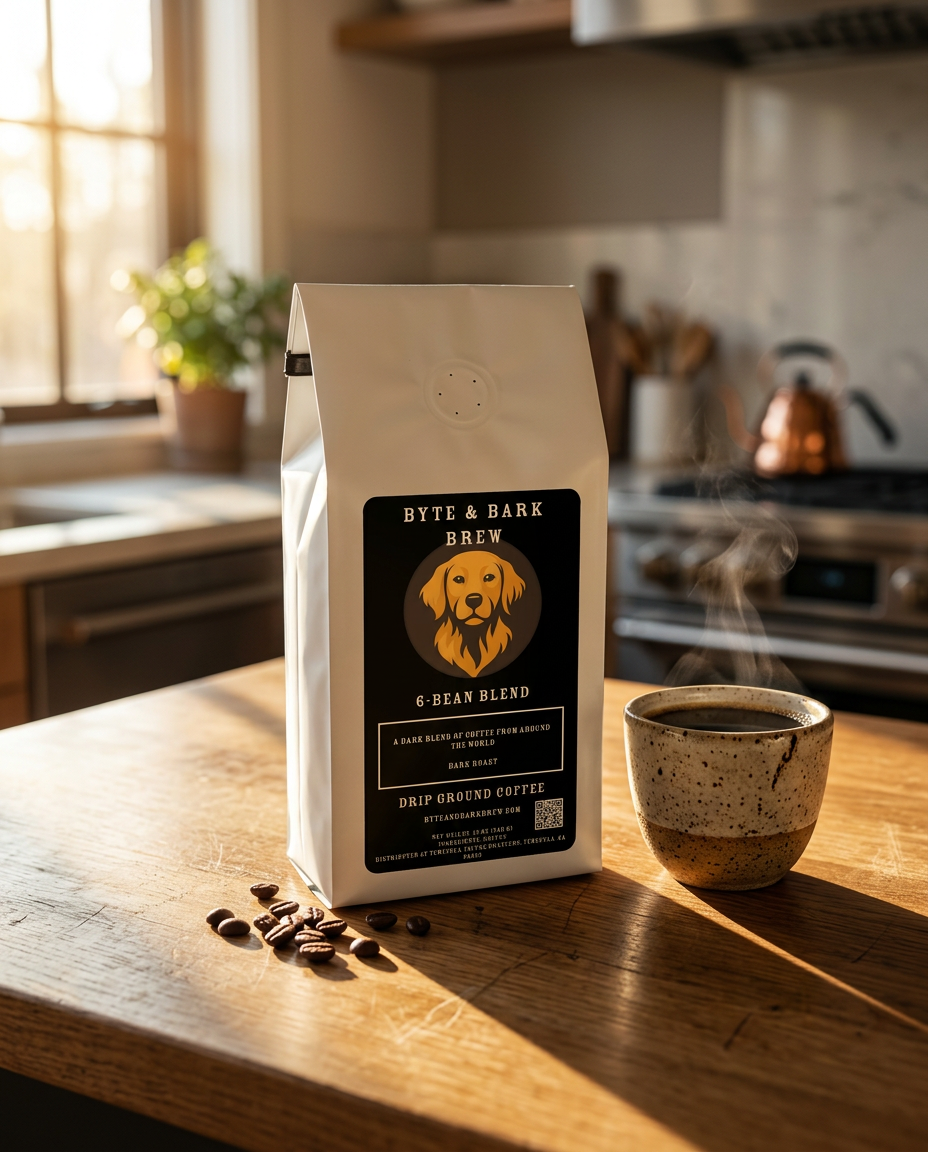 Byte & Bark Brew 6-Bean Blend dark roast coffee bag beside a steaming cup of black coffee on a sunlit kitchen counter