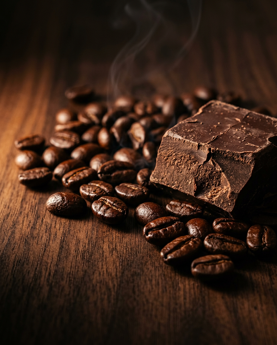 Glossy dark roasted coffee beans beside broken dark chocolate in warm light