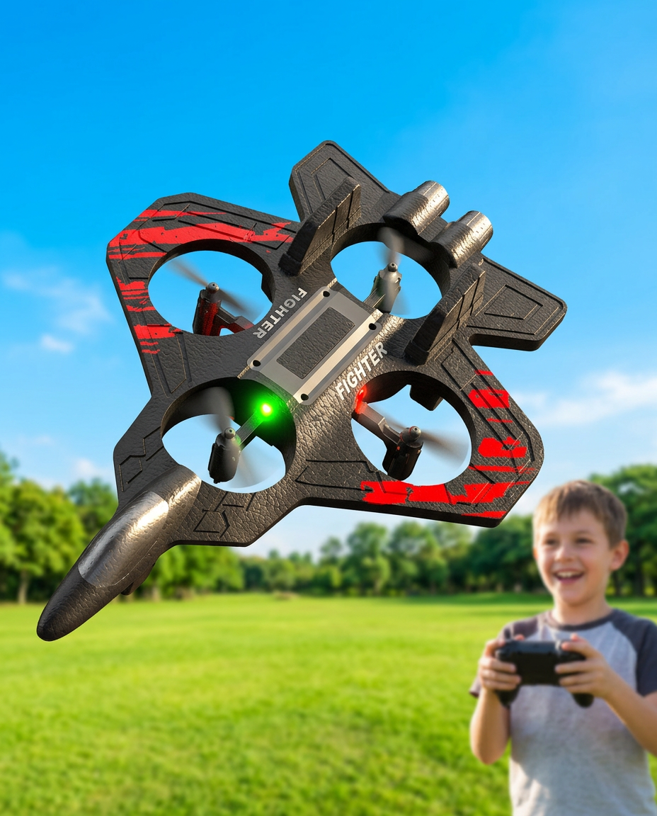 The stunt jet banking over a sunny park while a boy steers it with the remote