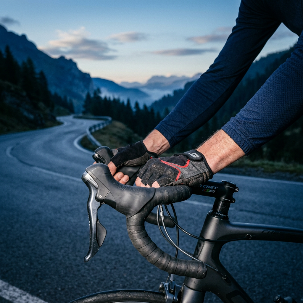 Cyclist at dawn on a mountain road