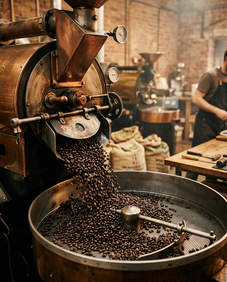 Freshly roasted coffee beans pouring into a roaster cooling tray