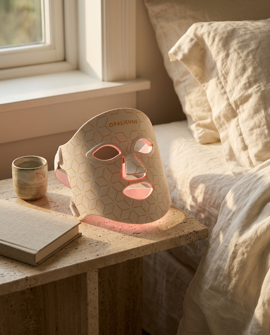 The Opalienne mask glowing softly on a travertine nightstand in morning light