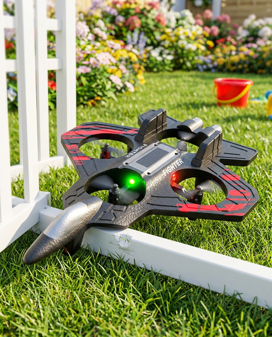 The foam stunt jet resting unharmed on a lawn beside a garden fence