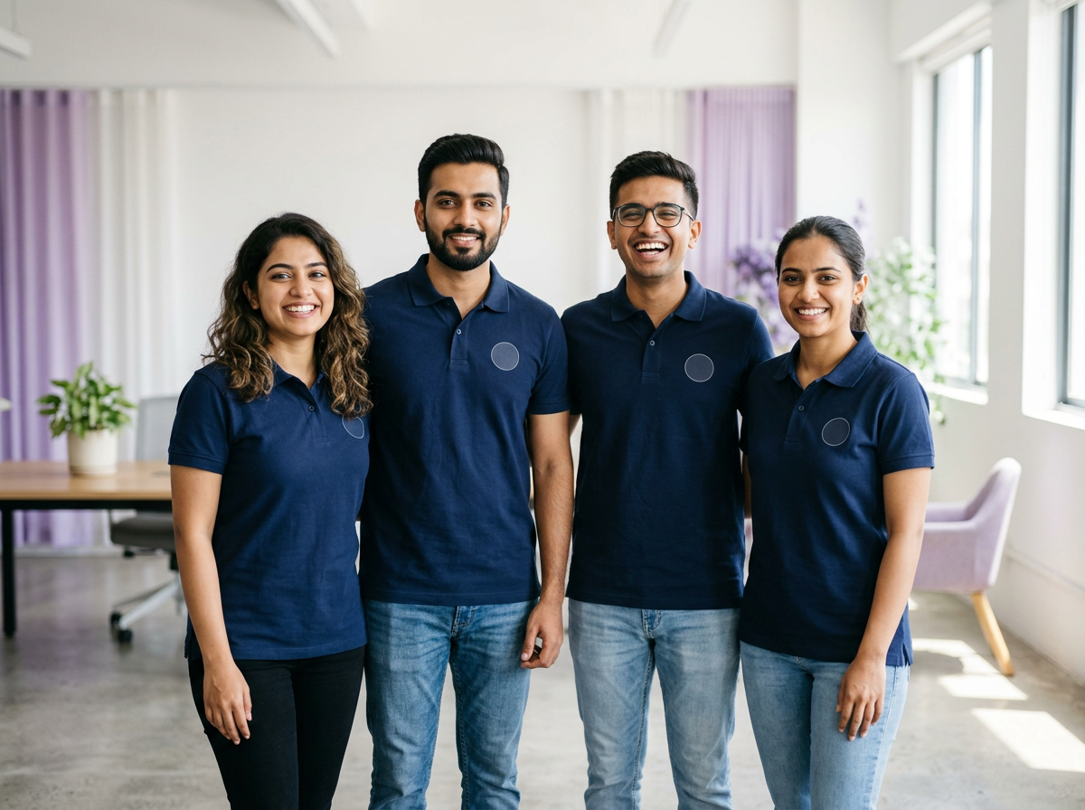 A team wearing matching navy custom polo T-shirts in a bright office