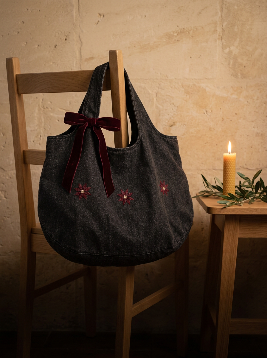 A charcoal denim tote with burgundy tatreez stars, tied with a burgundy ribbon as a Christmas gift