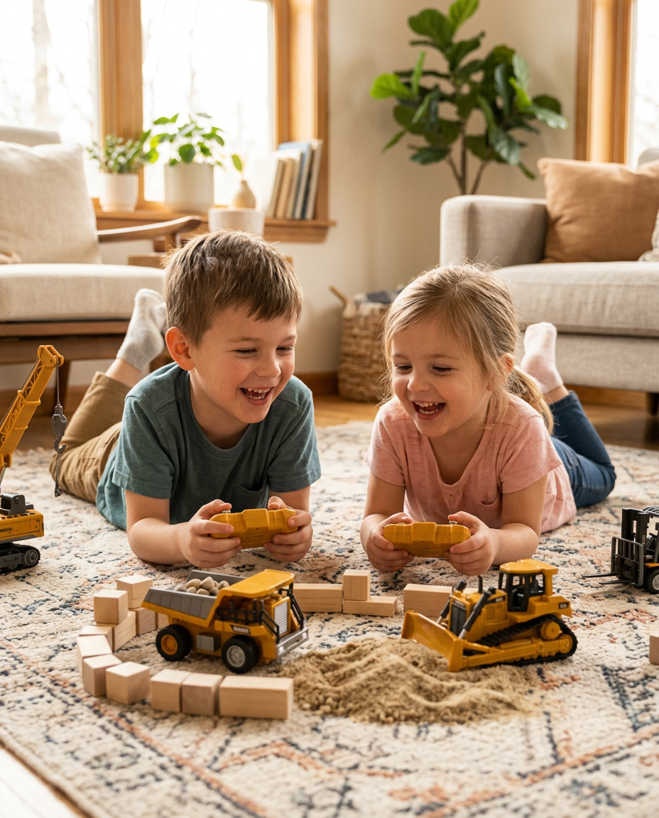Two siblings on a rug driving a mini dump truck and bulldozer around a building site of blocks and sand