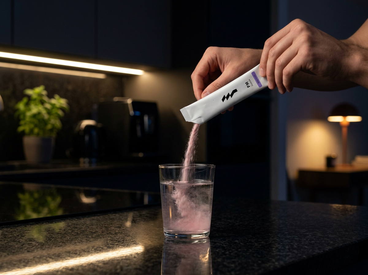 Pouring an ONYU stick pack into a glass of water in the evening