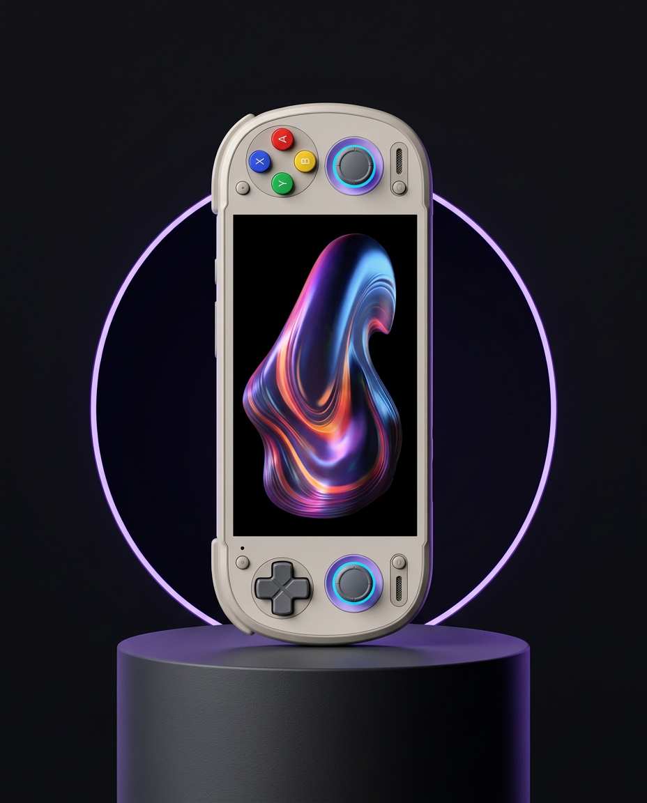 Handheld console on a charcoal pedestal under violet light
