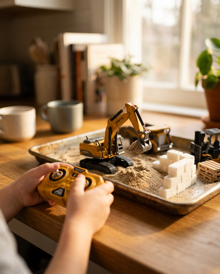 Mini RC excavator digging in a baking tray of sand on a kitchen table while a child steers with the remote