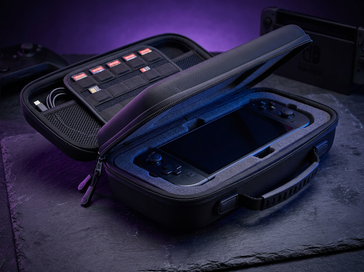 Rugged hard-shell carrying case for a handheld console