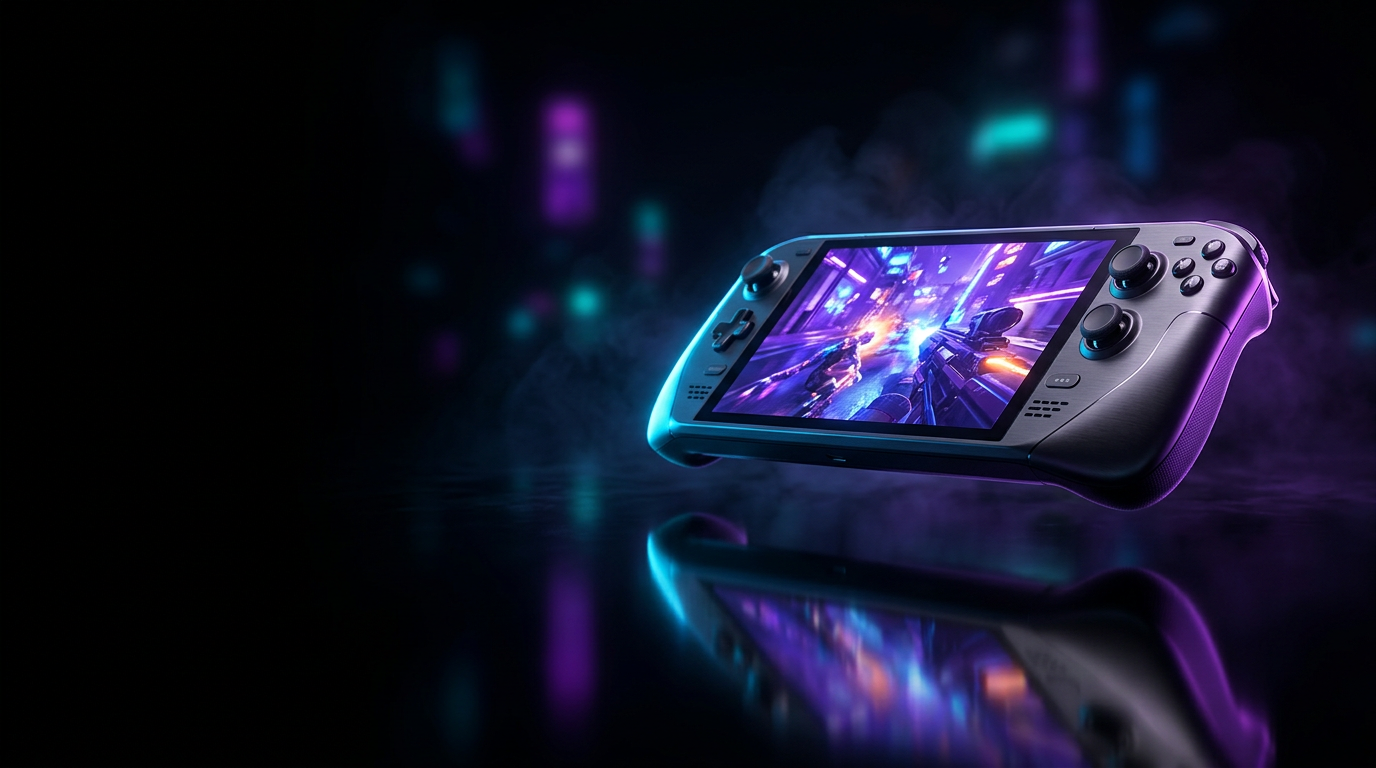Sleek handheld gaming console glowing with violet and electric-blue light