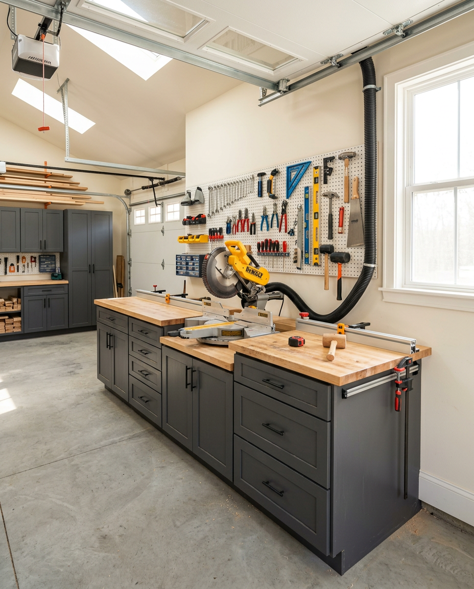 Organized woodworking shop with charcoal workbench cabinets and a miter saw station hooked up to dust collection