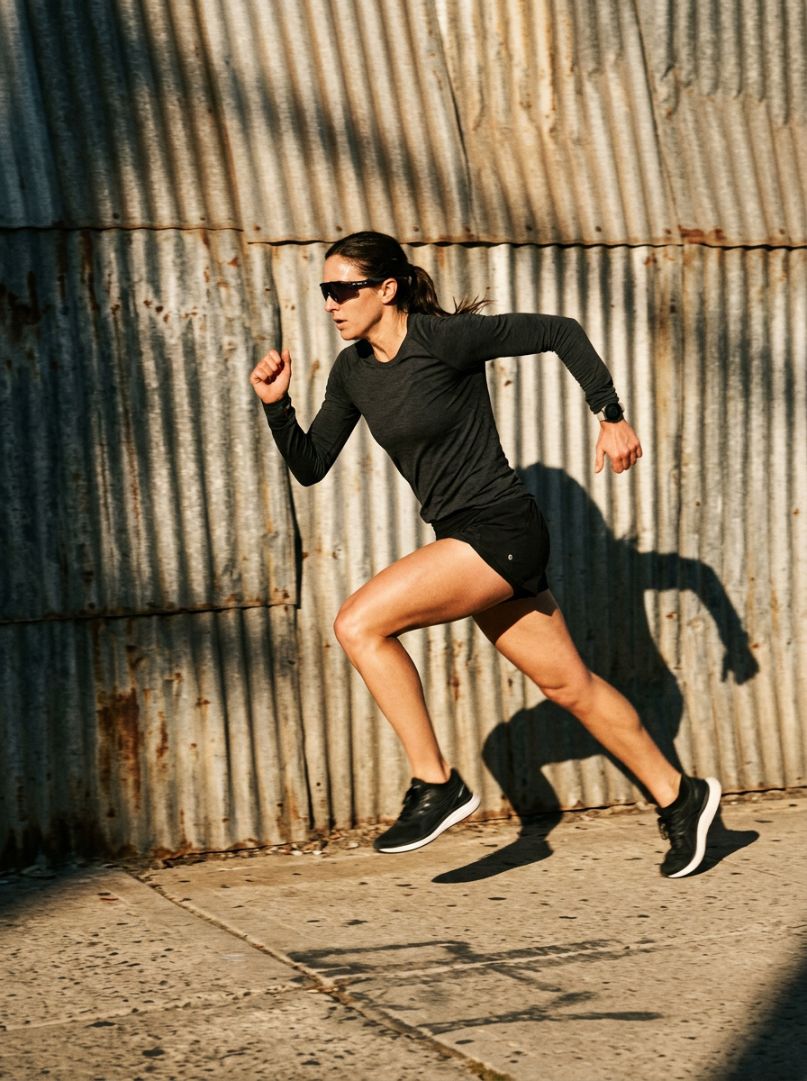 Runner sprinting past a metal wall