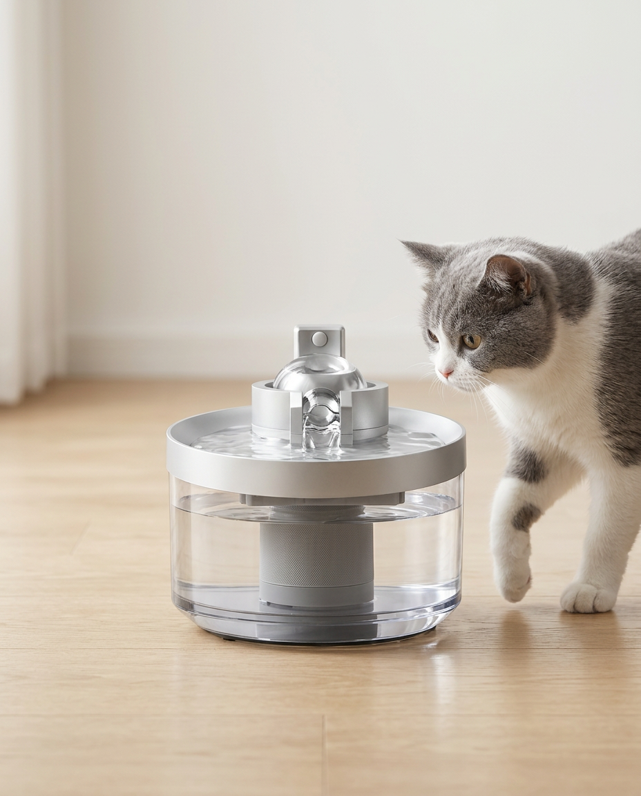 A cat approaching the cordless Meowsy fountain as its motion sensor starts a fresh stream of water