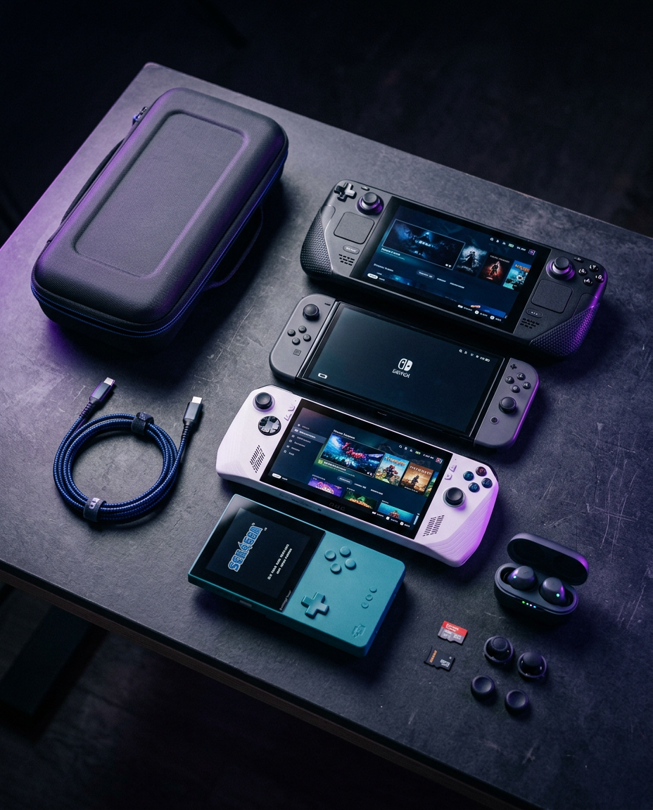 Handheld gaming consoles and accessories arranged on a dark desk under violet and blue light