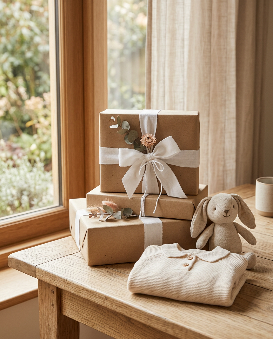 Wrapped gift boxes beside a folded baby outfit and a plush toy in soft window light