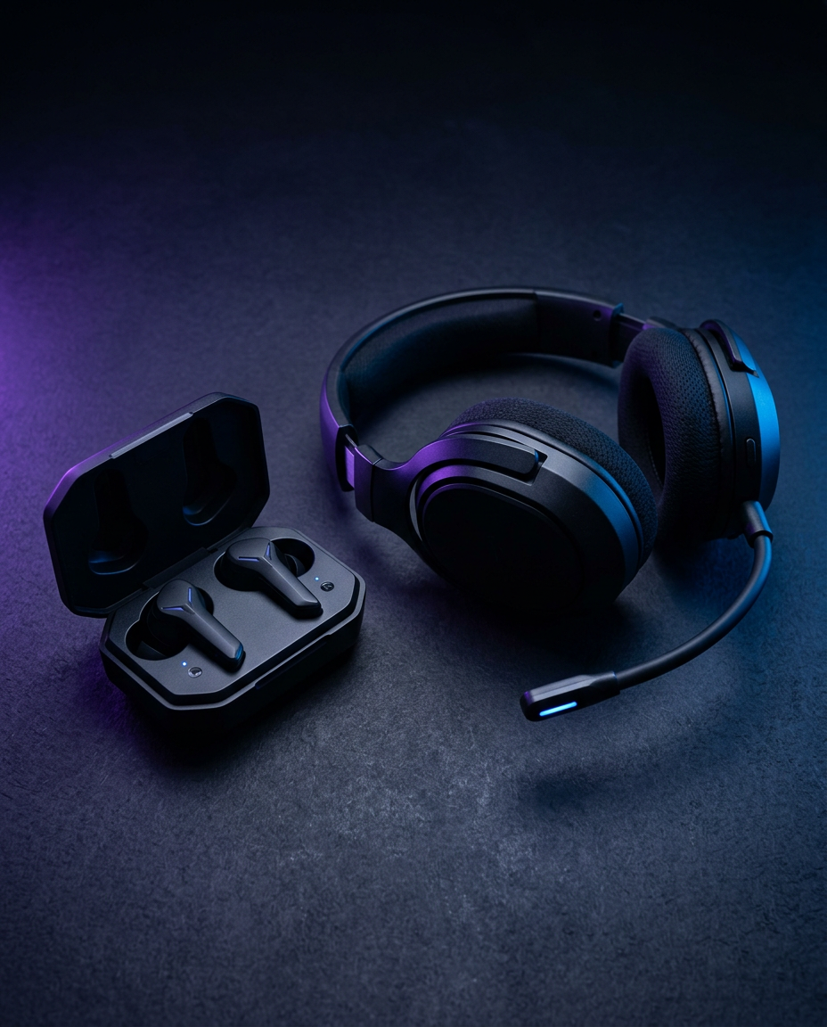 Black gaming headset and wireless earbuds under violet and blue light