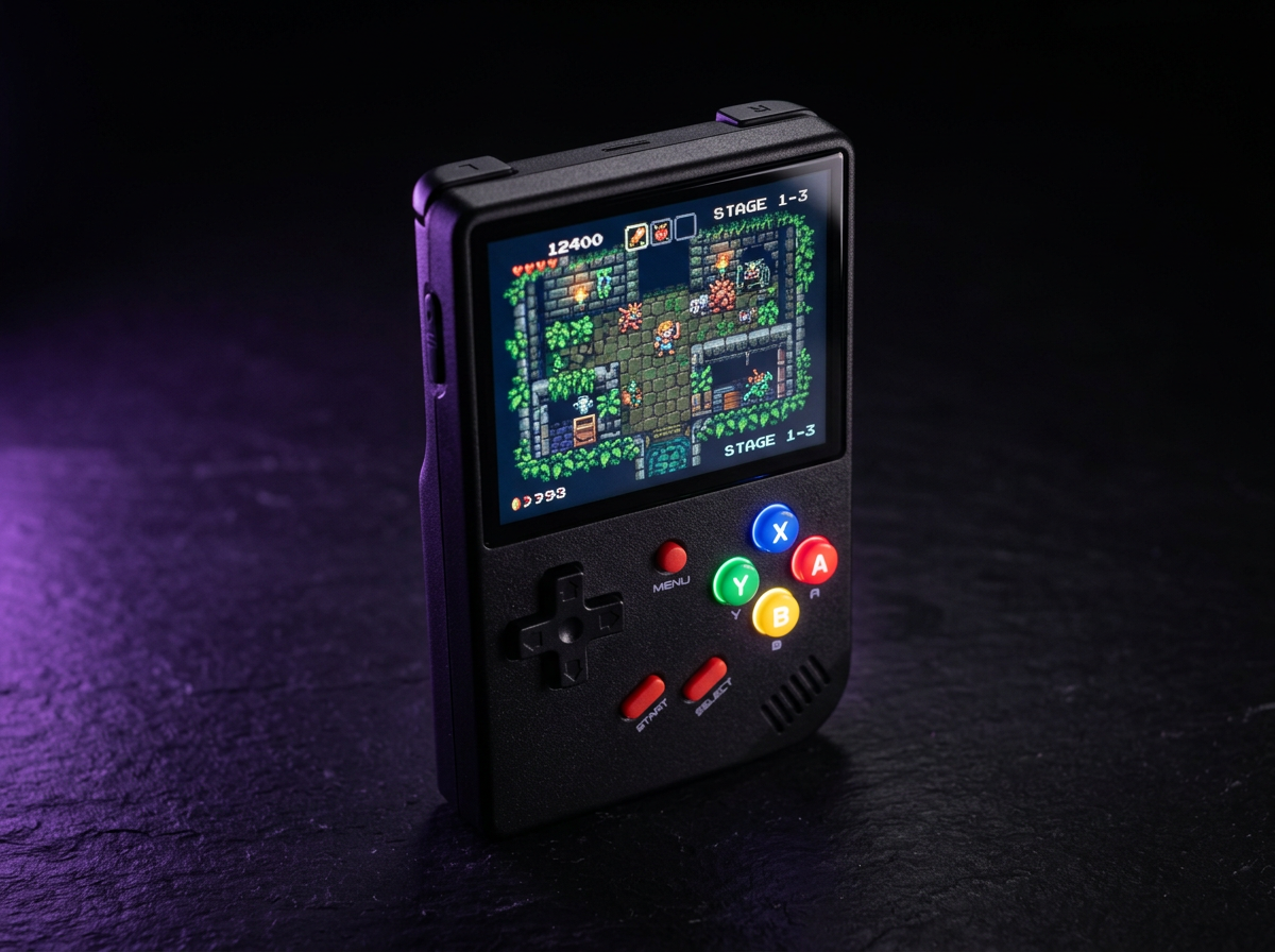 Retro-inspired vertical handheld console with colorful buttons