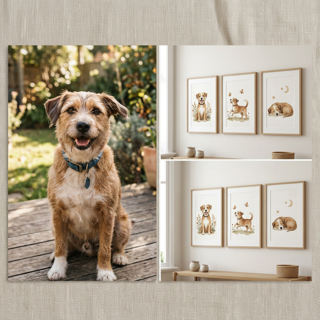 Your dog's photo next to the finished custom nursery prints on the wall