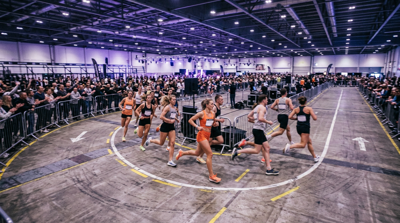 Athletes running a hard indoor loop with tight corners at a fitness race