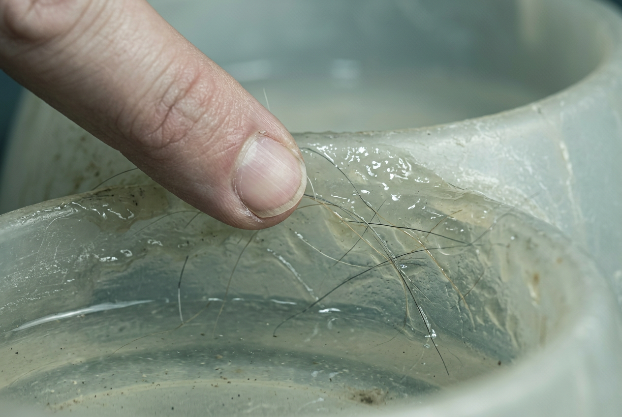Fingertip revealing a slippery biofilm slime layer on the inside wall of a plastic cat bowl