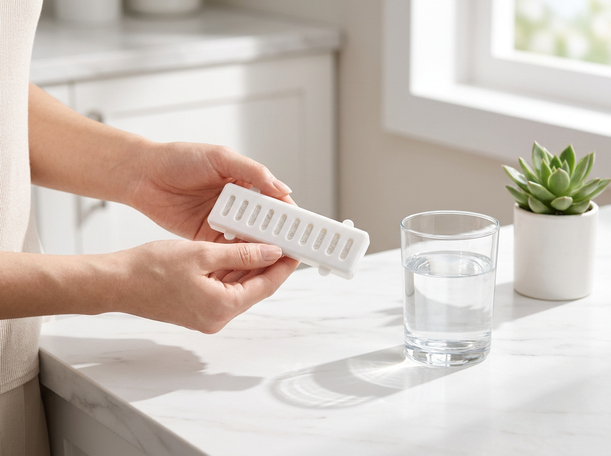 Hands holding a fresh Meowsy replacement filter cartridge over a bright kitchen counter