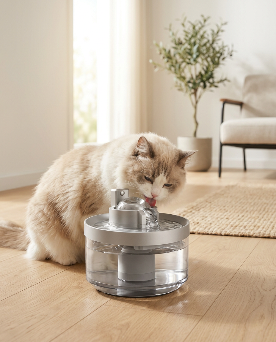 A healthy cat drinking fresh running water from the cordless Meowsy fountain in a bright living room
