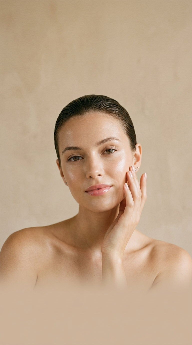 Model with glowing, dewy skin touching her cheek