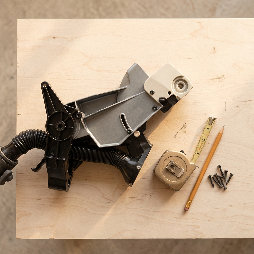 Dust collection chute on a plywood workbench beside a tape measure and pencil