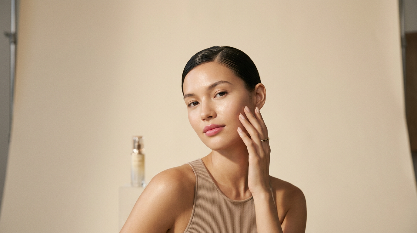 Model with glowing, dewy skin touching her cheek