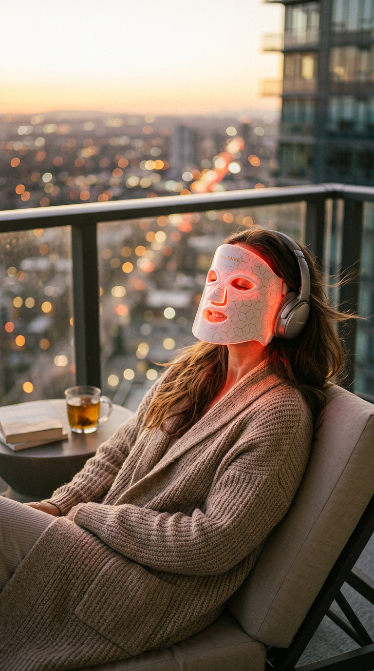 Woman on a balcony at golden hour wearing headphones and the Opalienne mask